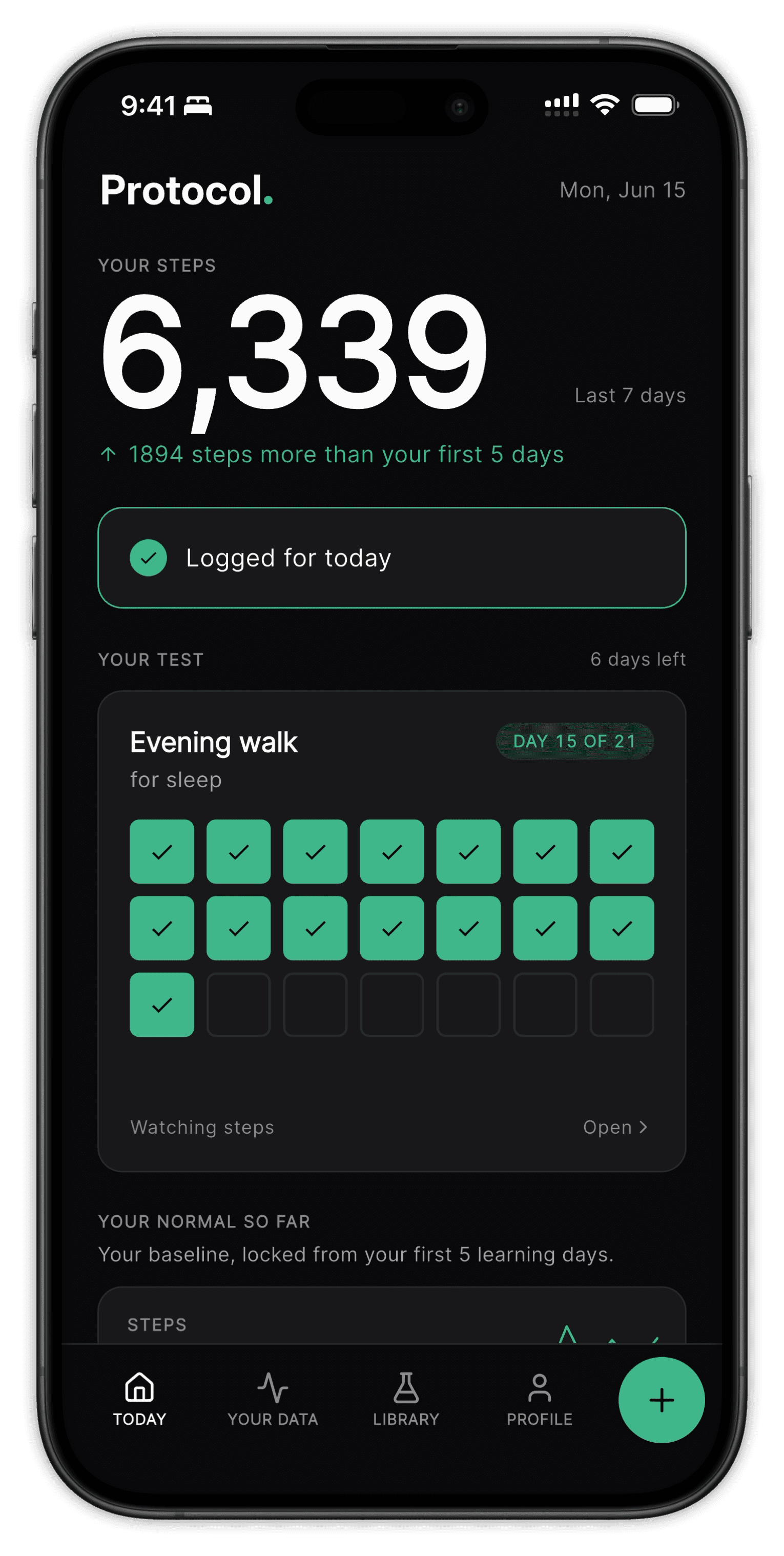 The Protocol app Home screen showing an active 21-day test